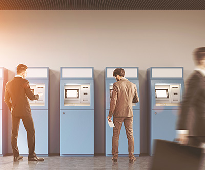 Row of fintech in a busy setting designed by ATM companies in NJ
